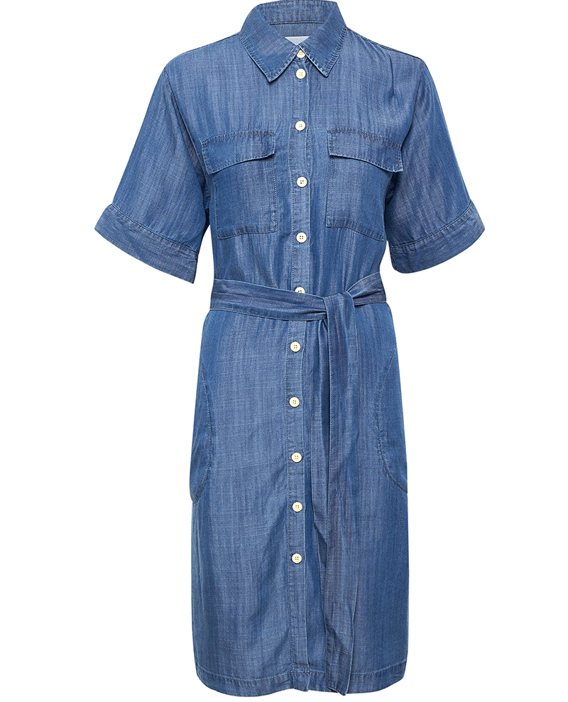 part two blue chambray denim midi shirt dress with short sleeves and pockets