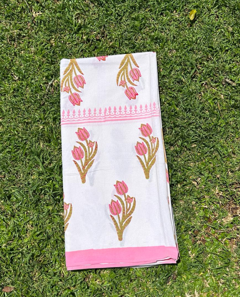 Block Print Pink Tulip Table Cloth Large