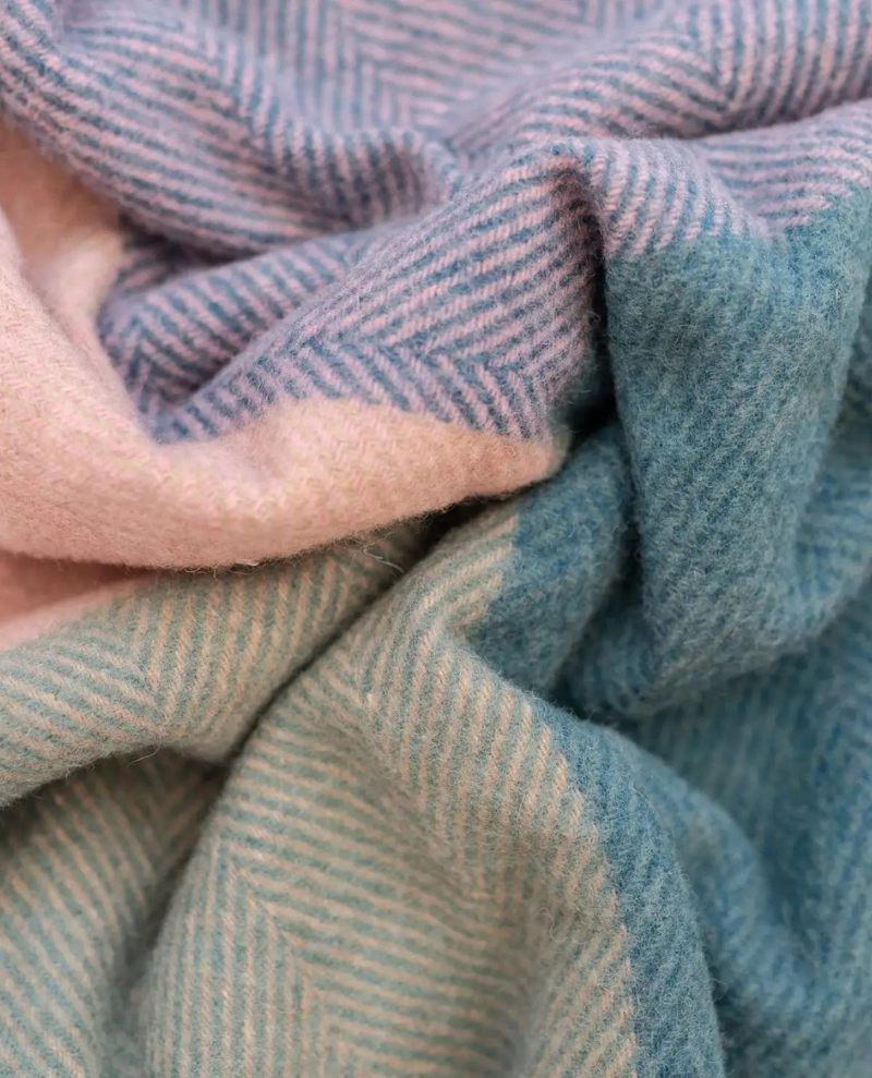 Recycled Wool Blanket in Teal Herringbone Offset Check