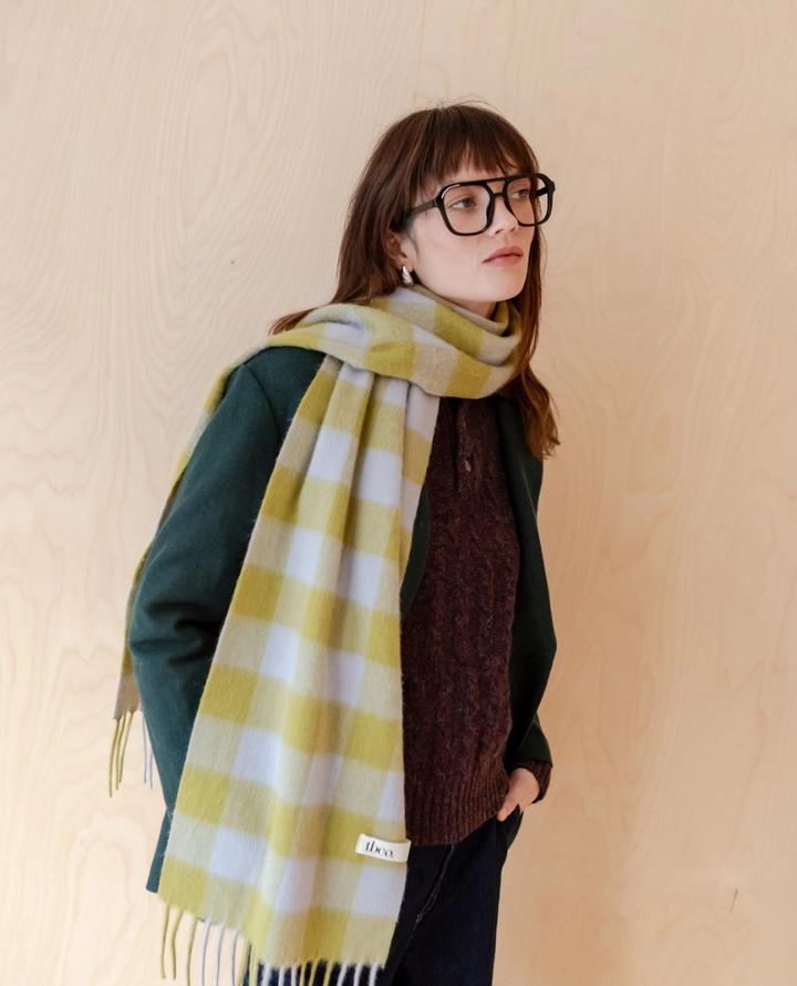 TBco. Lambswool Avocado Green Gingham Scarf