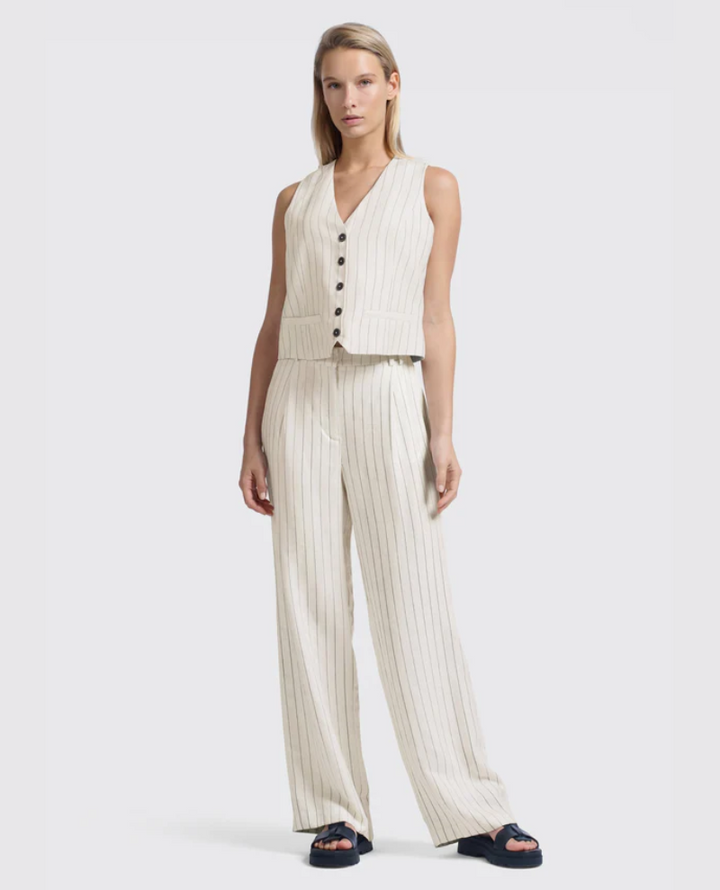 Yaya Sand Linen Stripe Wide Leg Trousers