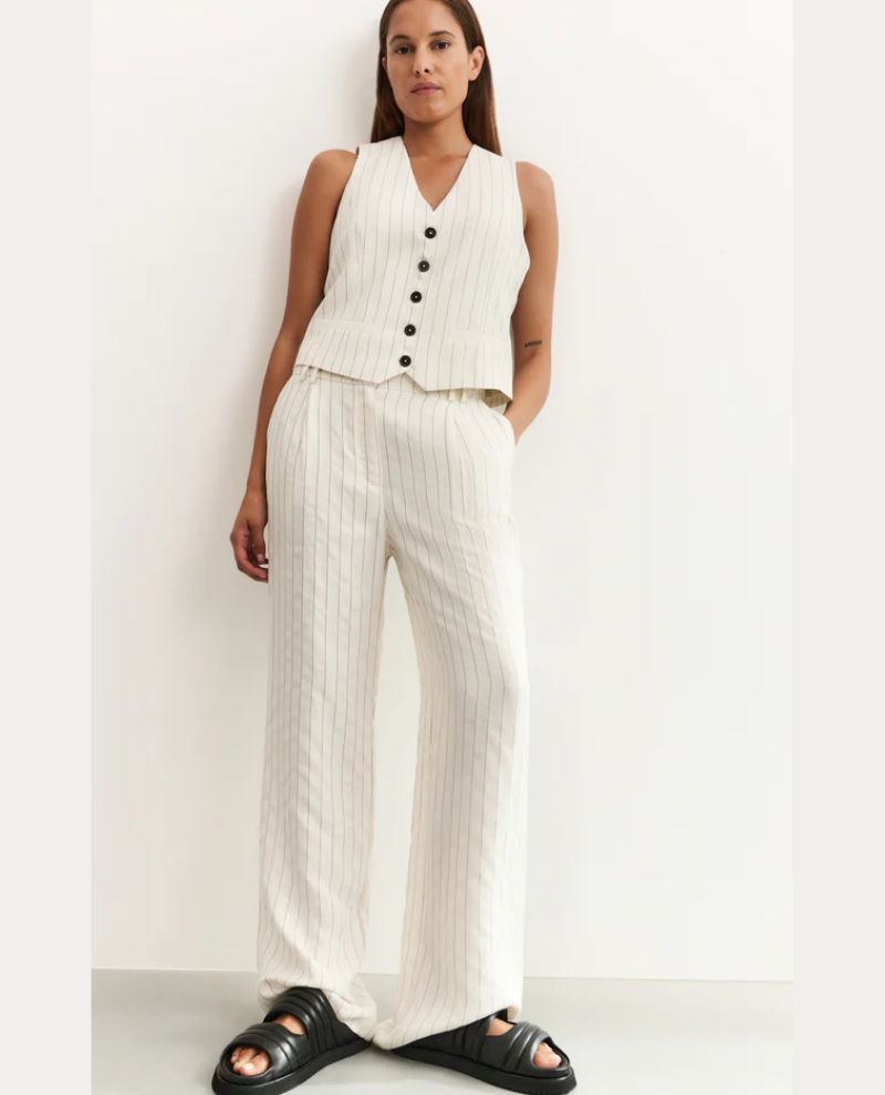 Yaya Sand Linen Stripe Wide Leg Trousers