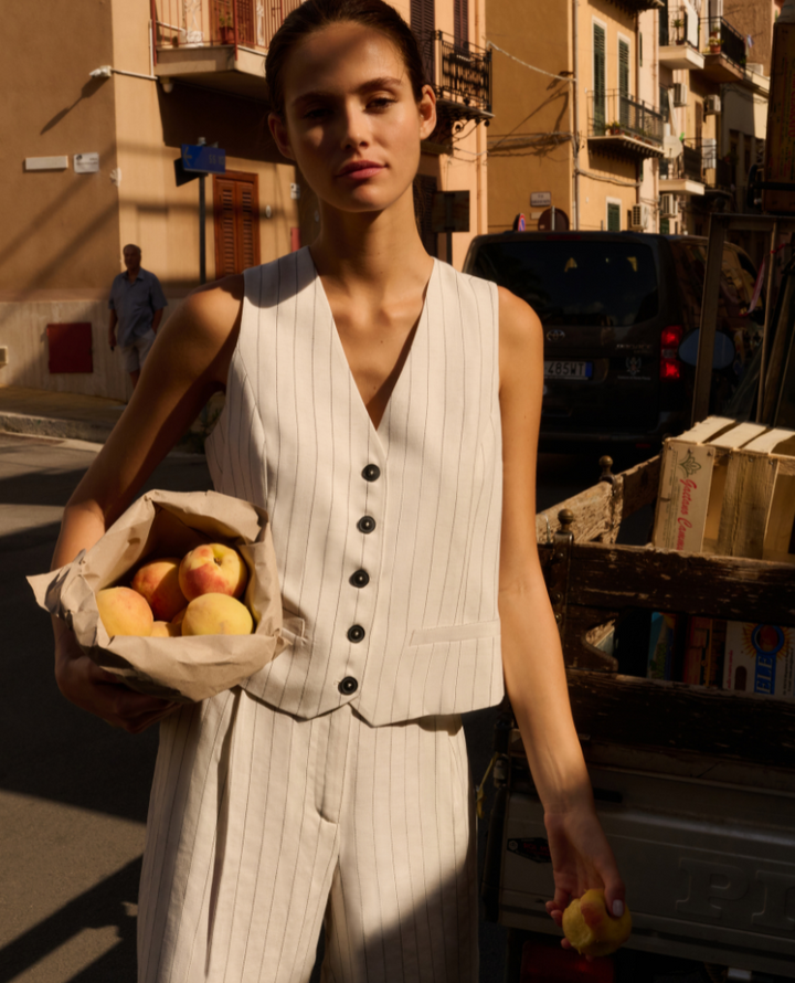 Yaya Sand Linen Stripe Waistcoat