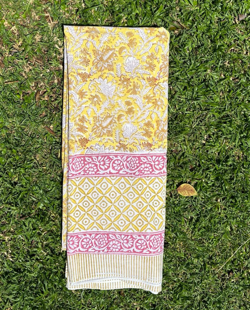 Block Print Yellow and Pink Floral Table Cloth Large