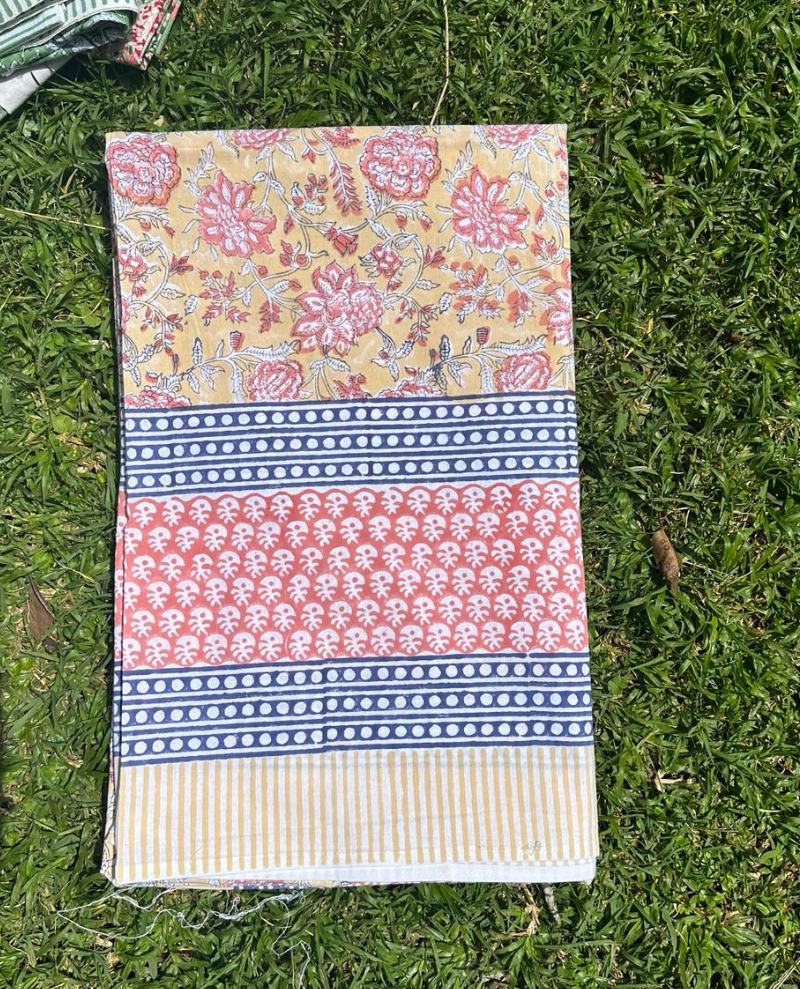 Block Print Yellow Pink Floral Table Cloth Small