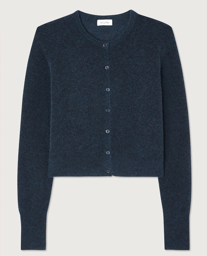 cropped short navy blue knitted wool ladies cardigan with long sleeves and round neck 