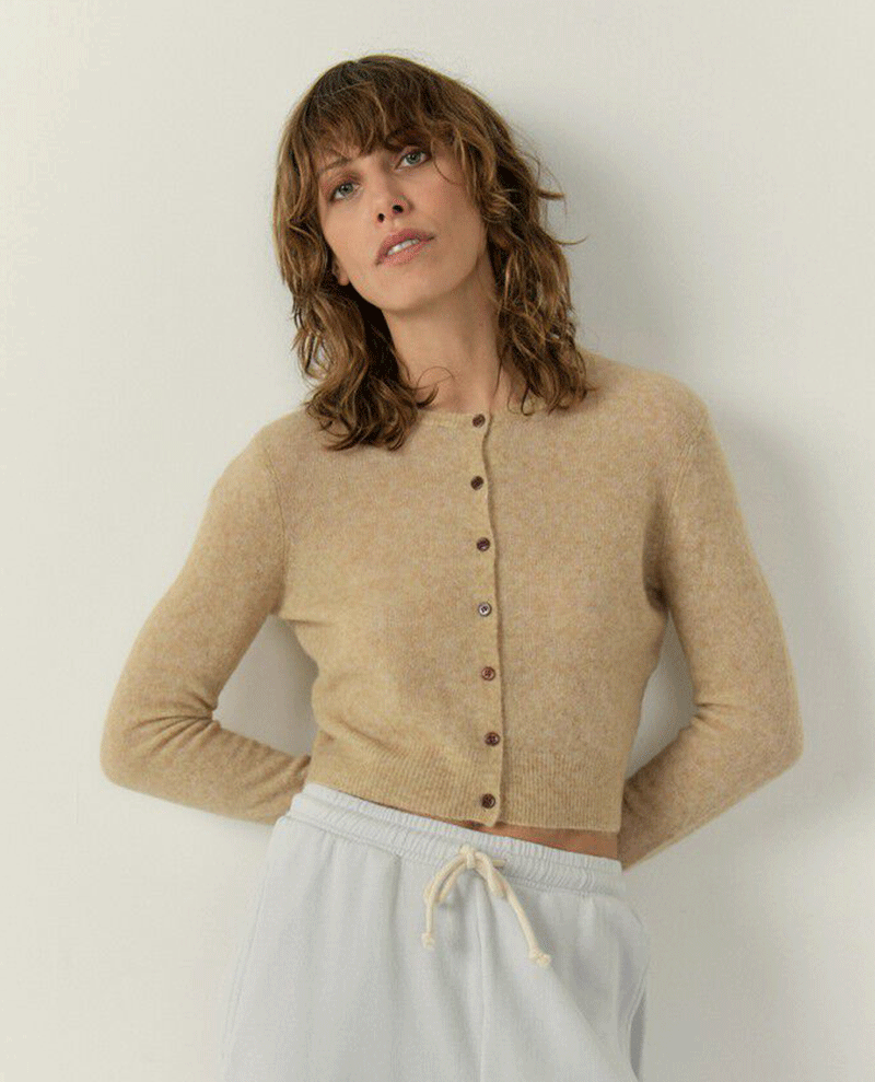 american vintage women's beige bon bon chine pink knitted short cropped long sleeve cardigan 