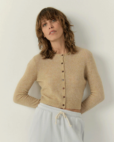 american vintage women's beige bon bon chine pink knitted short cropped long sleeve cardigan 
