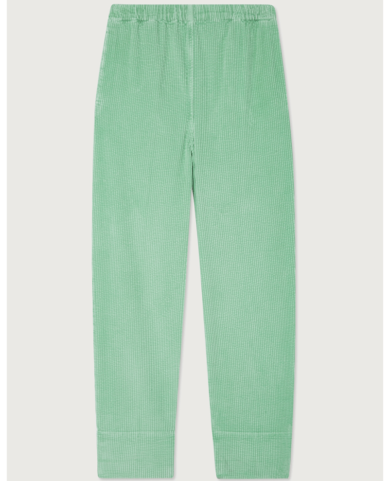 light cucumber green jumbo cotton cord straight leg trousers with stretchy drawstring waist