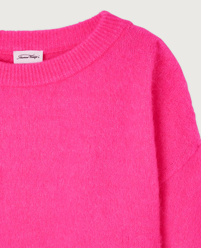 american vintage women's bright barbie fluro pink knitted pullover sweater jumper with long sleeves close up