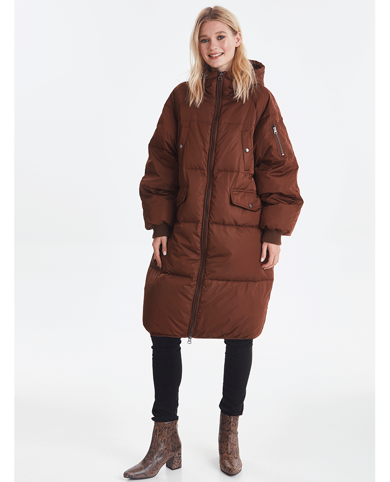 ichi java brown padded oversized hooded coat 