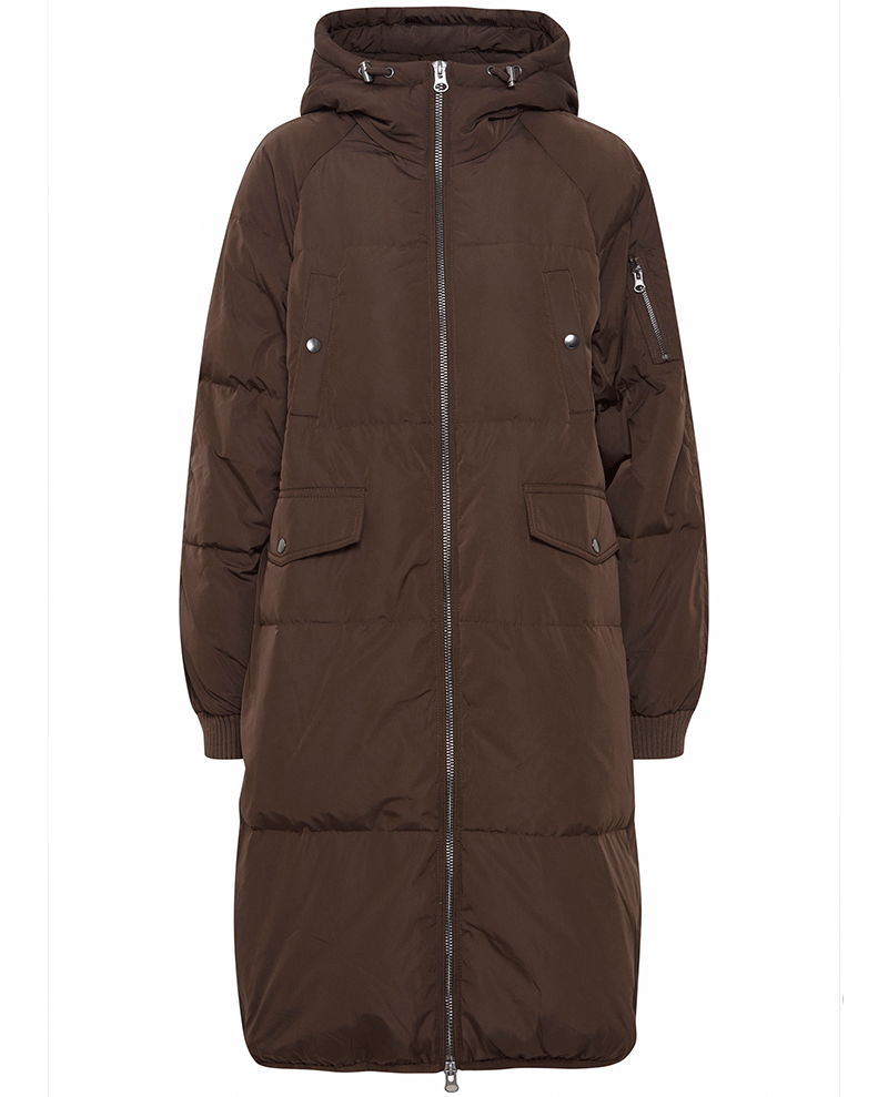 ichi dark java brown hooded long women's winter jacket 