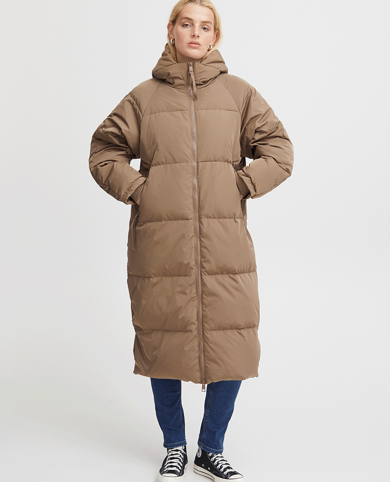 women's long mushroom brown ichi padded down jacket 