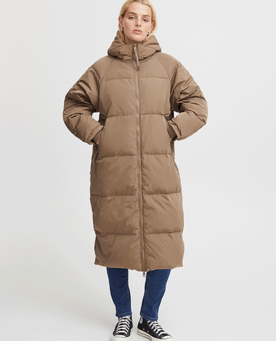 women's long mushroom brown ichi padded down jacket 
