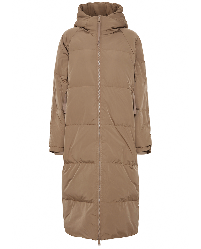 long brown padded shower resistant hooded ladies winter jacket with zip and long sleeves 