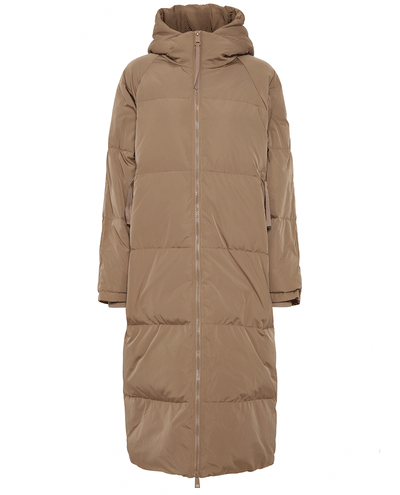 long brown padded shower resistant hooded ladies winter jacket with zip and long sleeves 