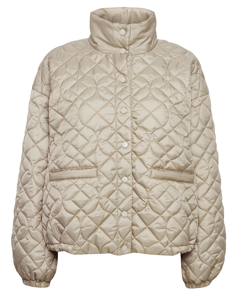 quilted short women's winter jacket with long sleeves, popper fastenings and a high neck