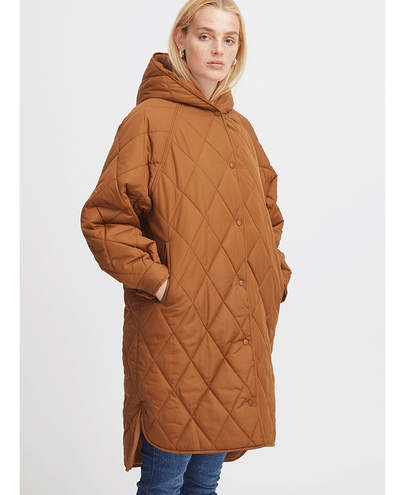 mid length brown quilted ladies hooded coat with long sleeves 