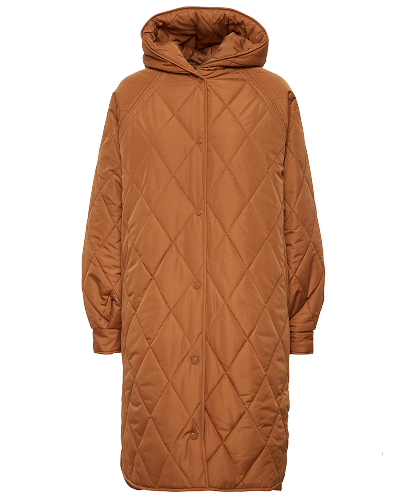spice brown mid length women's quilted autumn jacket with long sleeves and a hood 