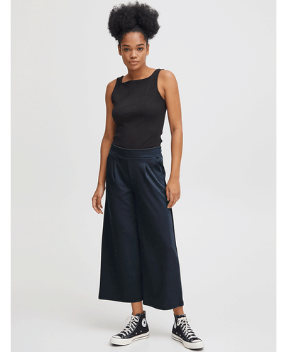 dark navy blue cropped stretchy jersey culottes with a wide leg