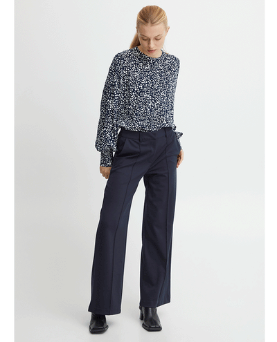 ichi navy blue ladies wide leg jersey office trousers