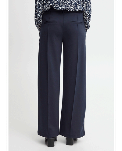 ichi navy blue women's wide leg jersey office trousers