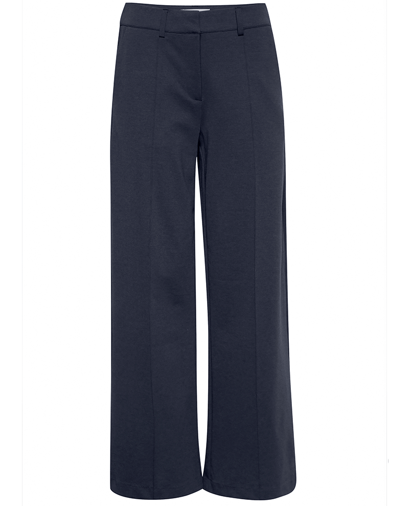 ichi navy blue ladies wide leg jersey office trousers