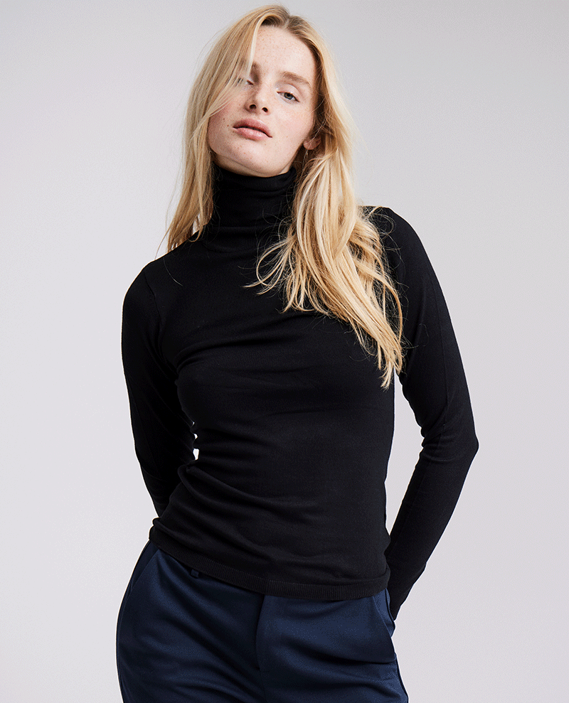 classic black rollneck sweater with long sleeves and a slim fit 