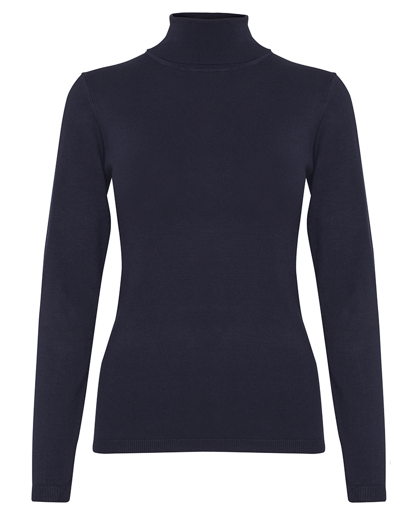 dark navy blue knitted polo neck pullover sweater with long sleeves 