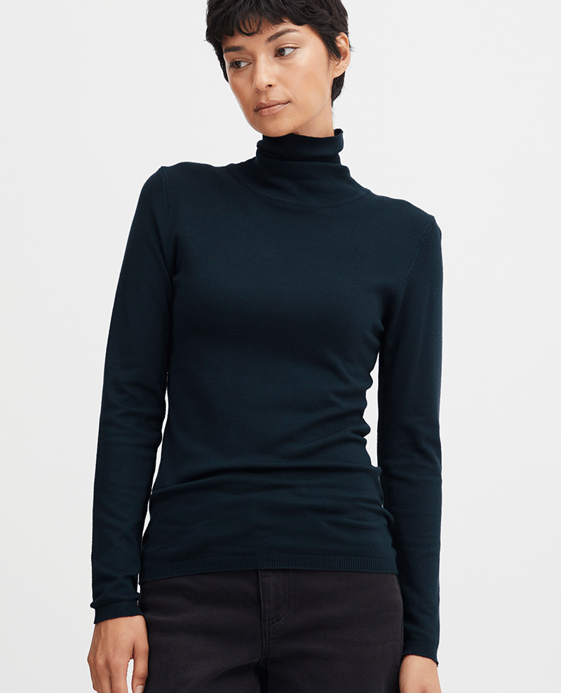 dark blue knitted ladies turtle neck pullover sweater with long sleeves 