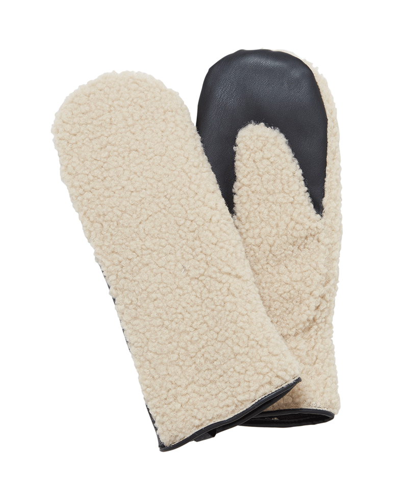 imitation leather and faux shearling cream and black mittens