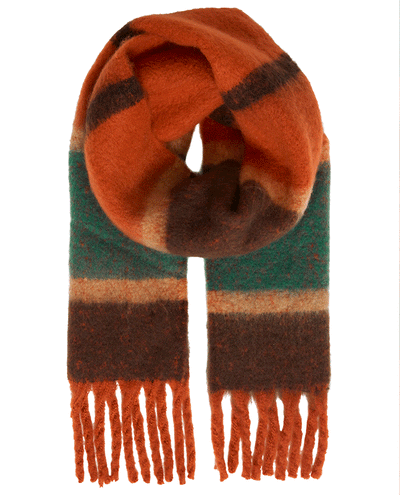 orange, green and brown stripy woollen feel Winter scarf with tassels 