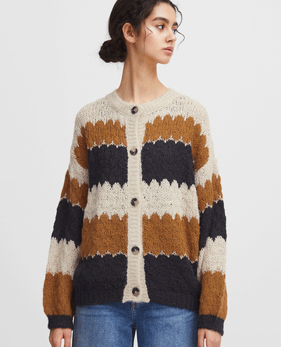 slouchy oversized navy and brown knitted women's ichi cardigan with long sleeves and a round neck 