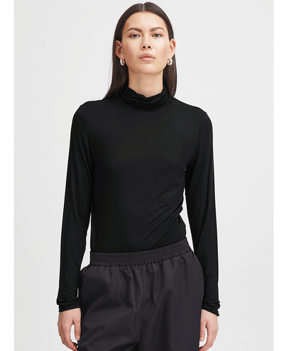 womens basic black jersey t-shirt with roll neck and long sleeves