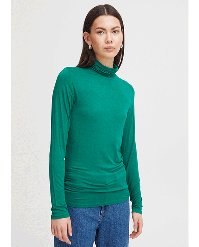 ichi cadmium green knitted jersey t-shirt with long sleeves and polo neck