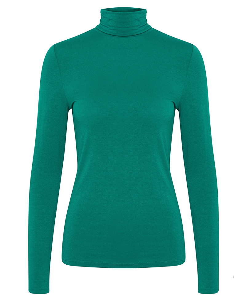 bright bluish green basic jersey t-shirt top with long sleeves and a roll neck