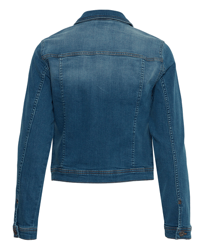 ichi blue denim jacket with long sleeves and short body