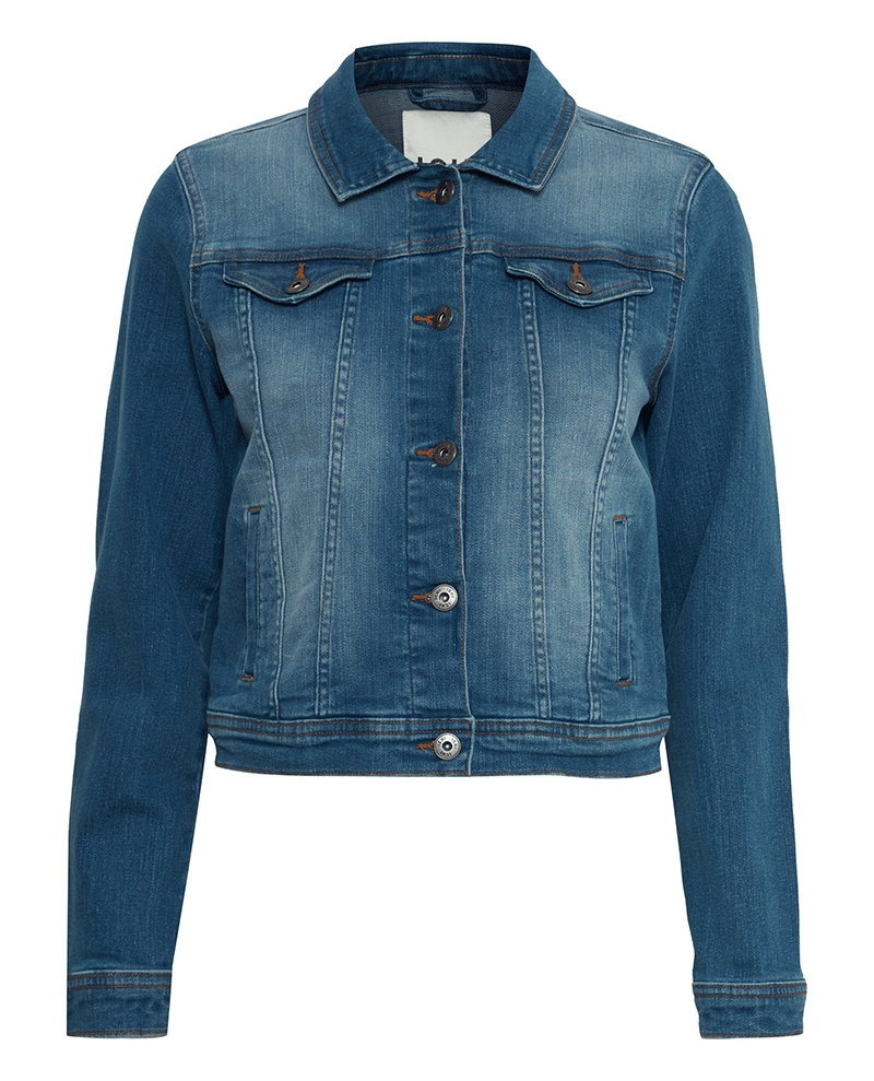 ladies blue denim jean jacket with long sleeves, a pointed collar and metal buttons