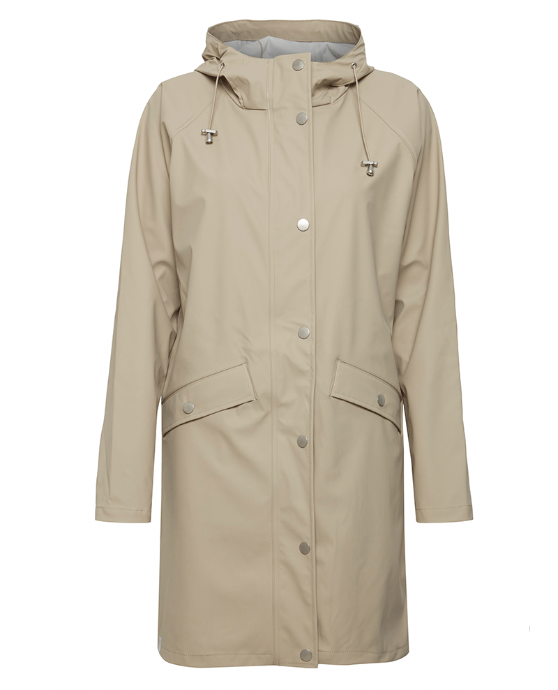 ichi doeskin brown water proof ladies rain coat with hood and long sleeves 