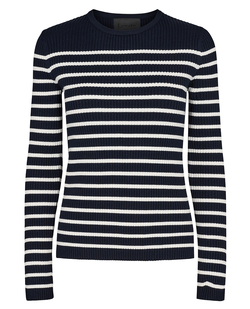 navy and white stripy women's breton pullover ribbed sweater with long sleeves