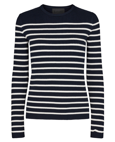 navy and white stripy women's breton pullover ribbed sweater with long sleeves