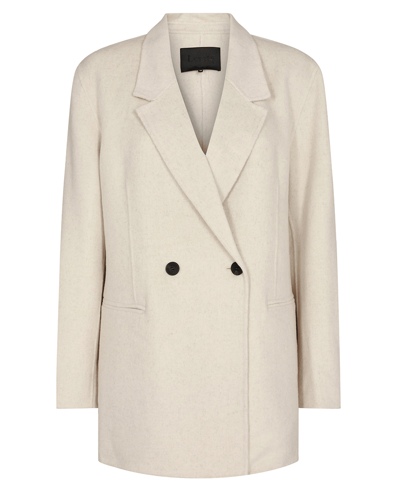Levete women's cream off white wool blend mid length blazer with long sleeves and black buttons