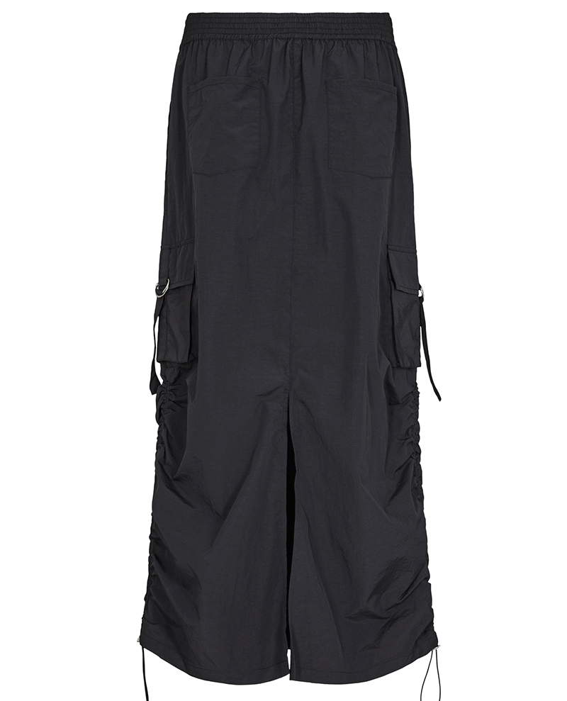 Levete women's black nylon cargo midi skirt with pockets and stretchy waist. 