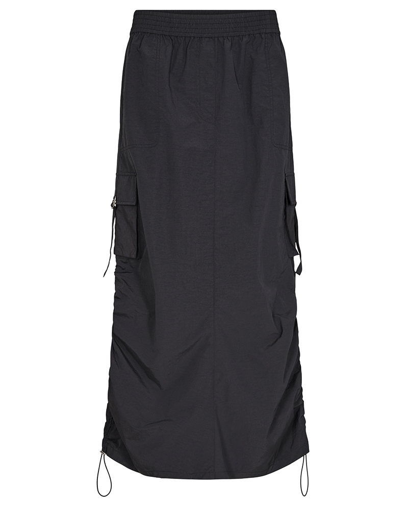 Levete women's black nylon cargo midi skirt with pockets and stretchy waist. 