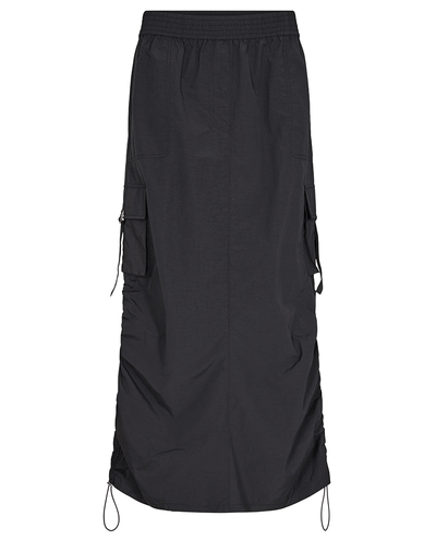 Levete women's black nylon cargo midi skirt with pockets and stretchy waist. 