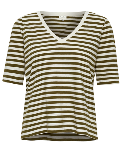 women's green and white stripy linen and cotton short sleeve casual t-shirt 