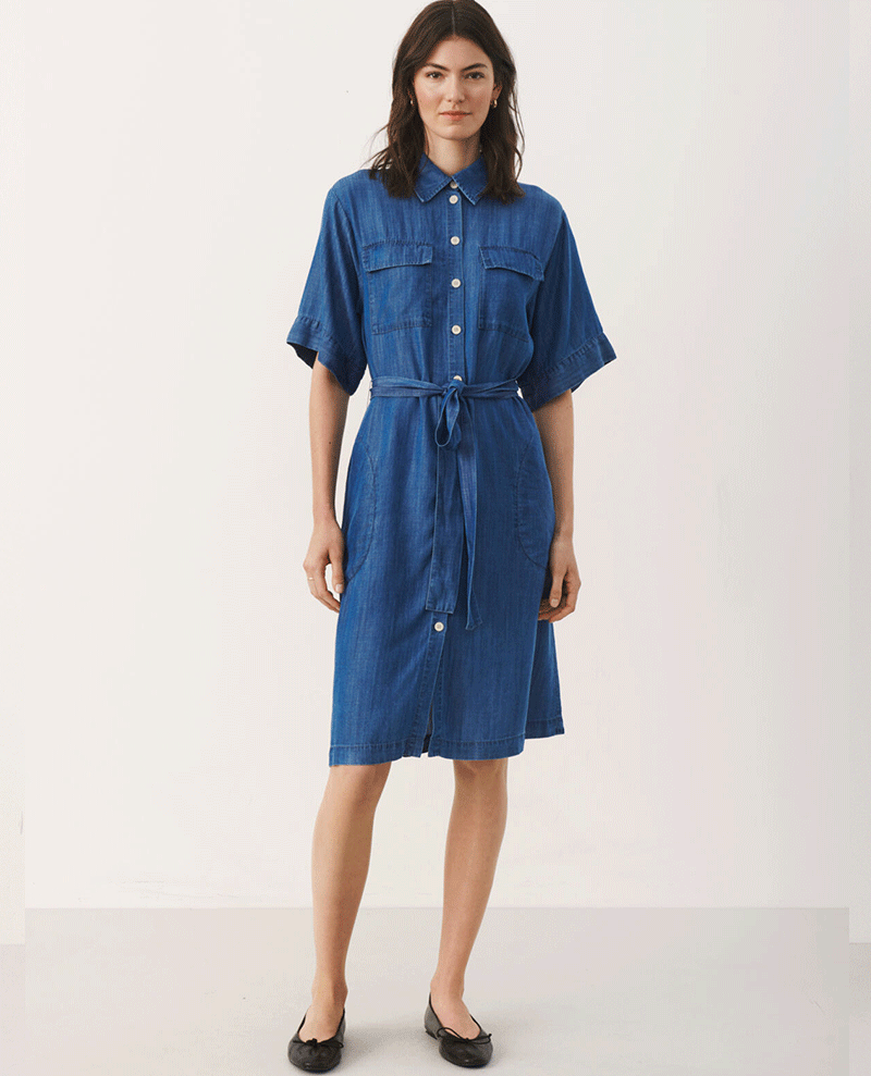 part two blue chambray denim midi shirt dress with short sleeves and pockets
