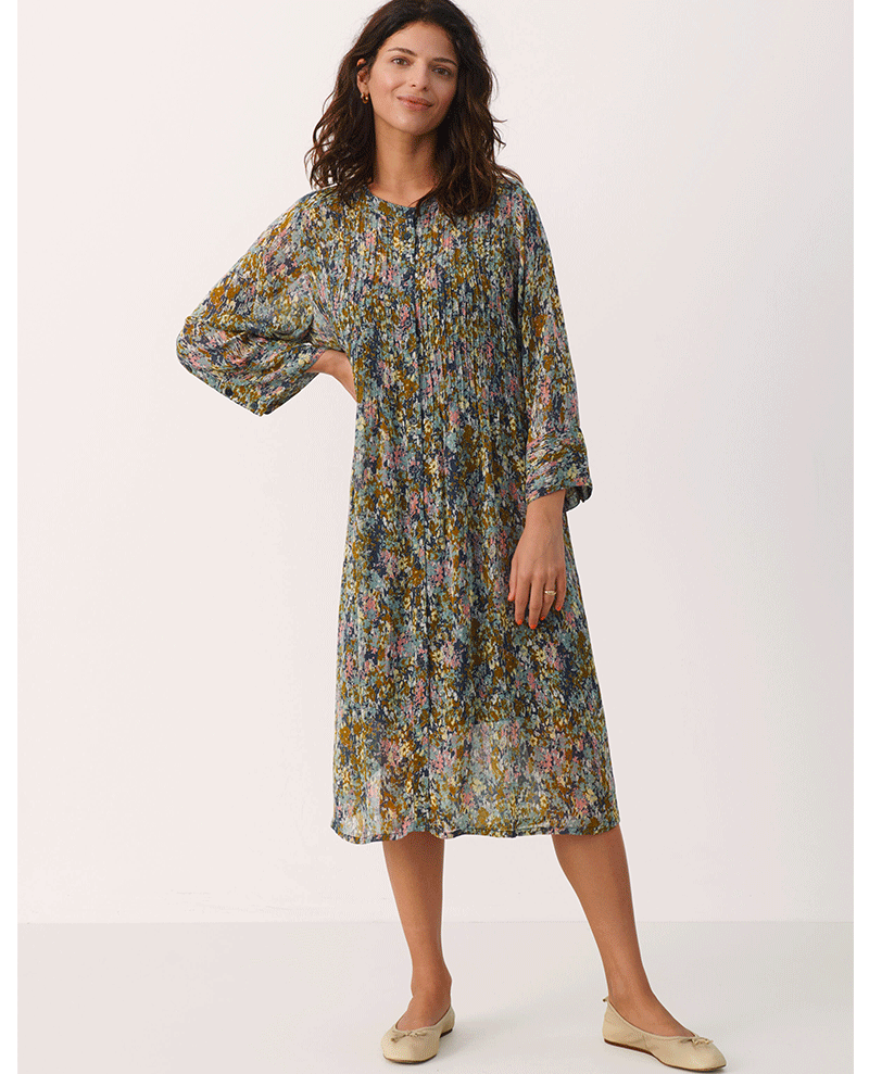 part two ladies floral chiffon midi dress in blue and green with long loose sleeves