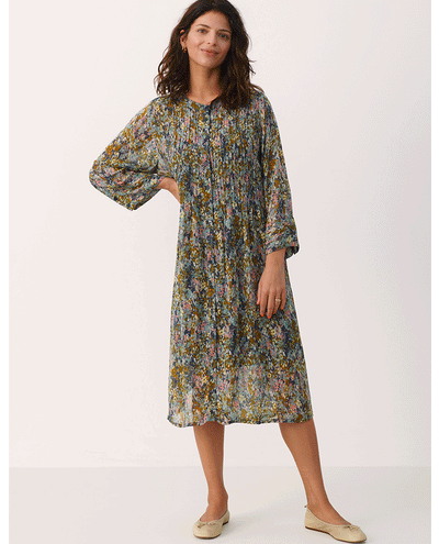 part two ladies floral chiffon midi dress in blue and green with long loose sleeves