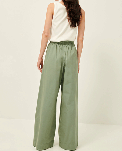 Sessun Ridye Green Trousers, a wide legged pair of pale green cotton trousers  reverse 